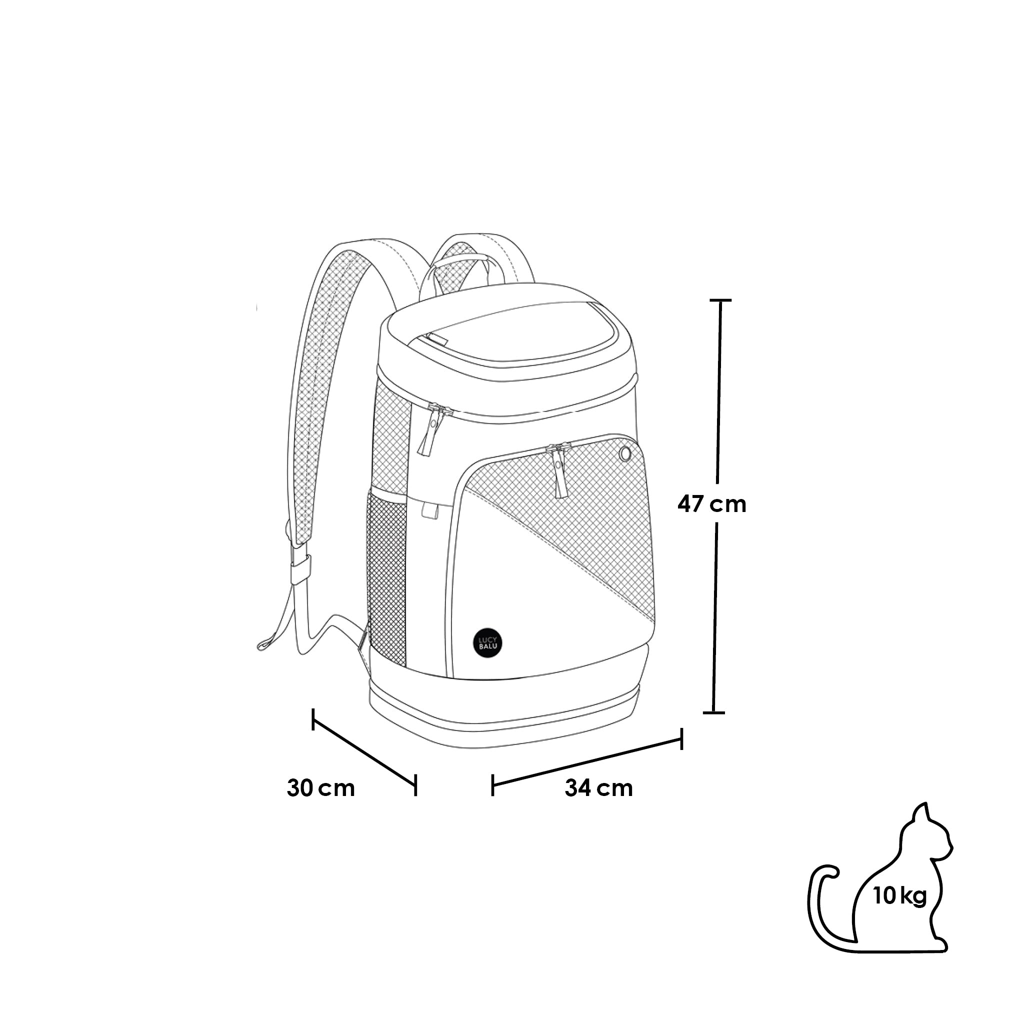 Dimensioni zaino per gatti HOP-ON: 47 x 30 x 34 cm, adatto per gatti fino a 10 kg