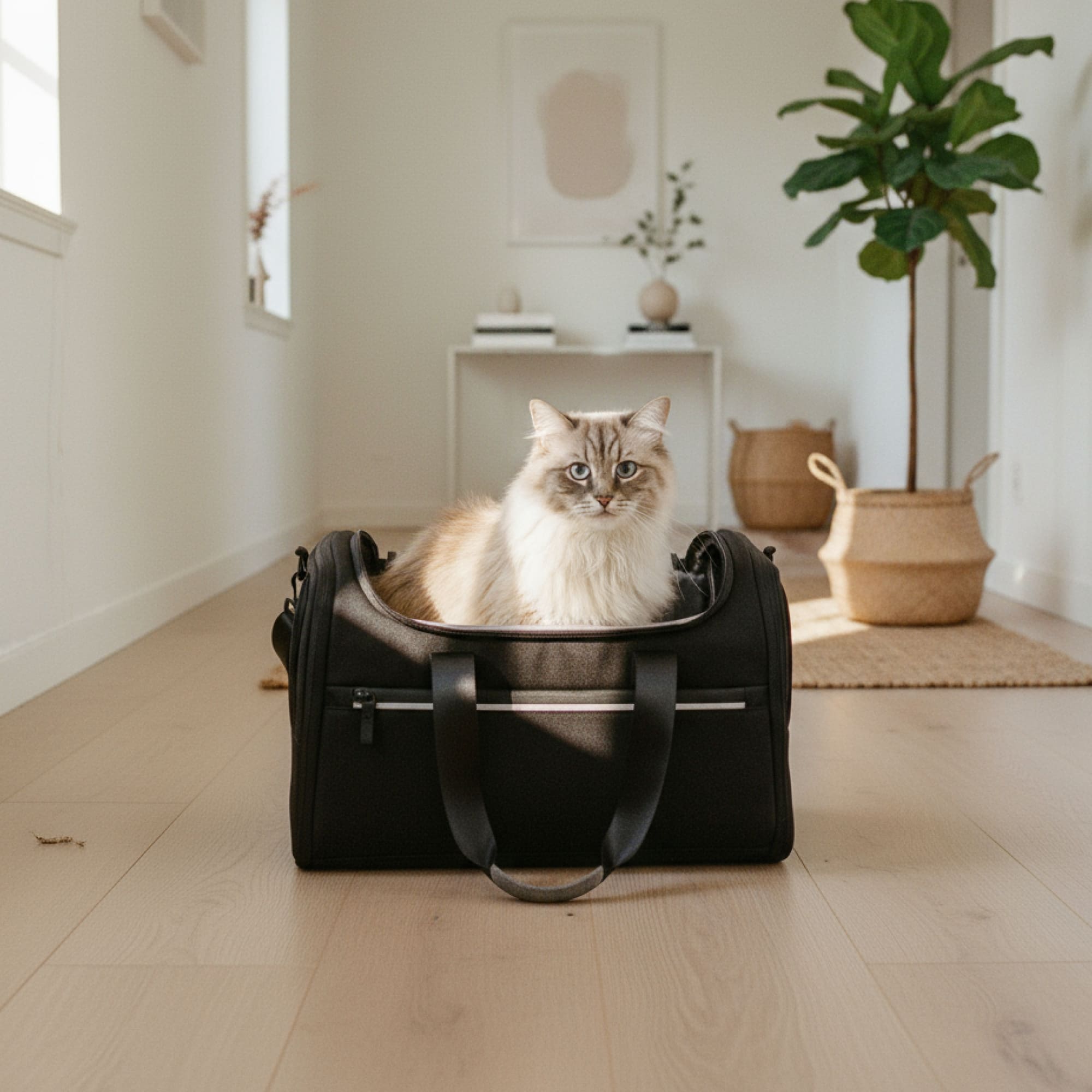 Borsa da trasporto CHECK-IN in antracite, gatto Ragdoll seduto dentro in un corridoio luminoso