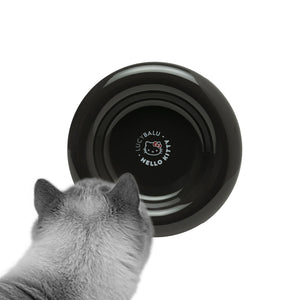 Bol pour chat DROP en noir, édition Hello Kitty – fond avec logo LucyBalu x Hello Kitty.