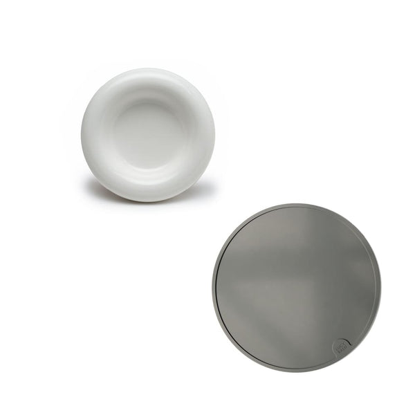 DROP & CIRCLE set: white porcelain cat bowl seen from above, with a dark grey round bowl mat