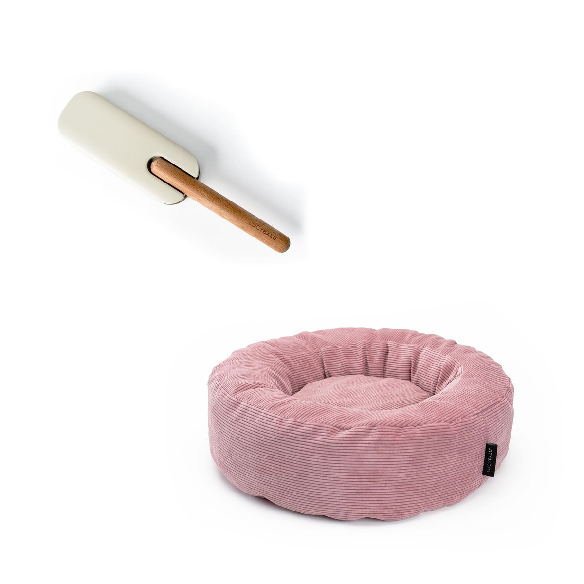 HAIRY Fusselbürste und rundes NEST Katzenbett in Rosa aus Cord