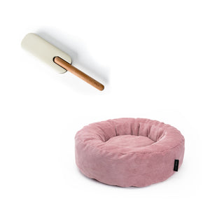 HAIRY Fusselbürste und rundes NEST Katzenbett in Rosa aus Cord