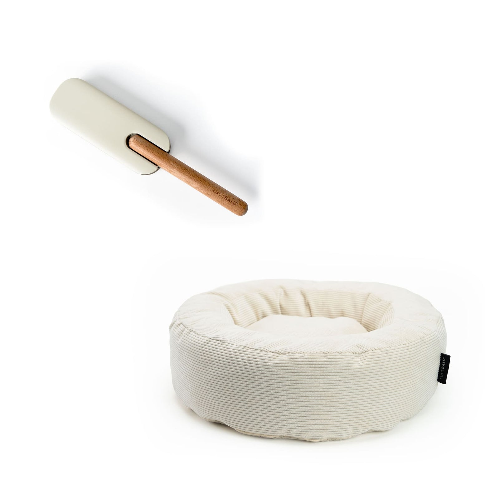 HAIRY Fusselbürste und rundes NEST Katzenbett in Creme aus Cord