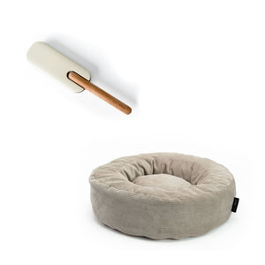 HAIRY Fusselbürste und rundes NEST Katzenbett in Sand aus Cord