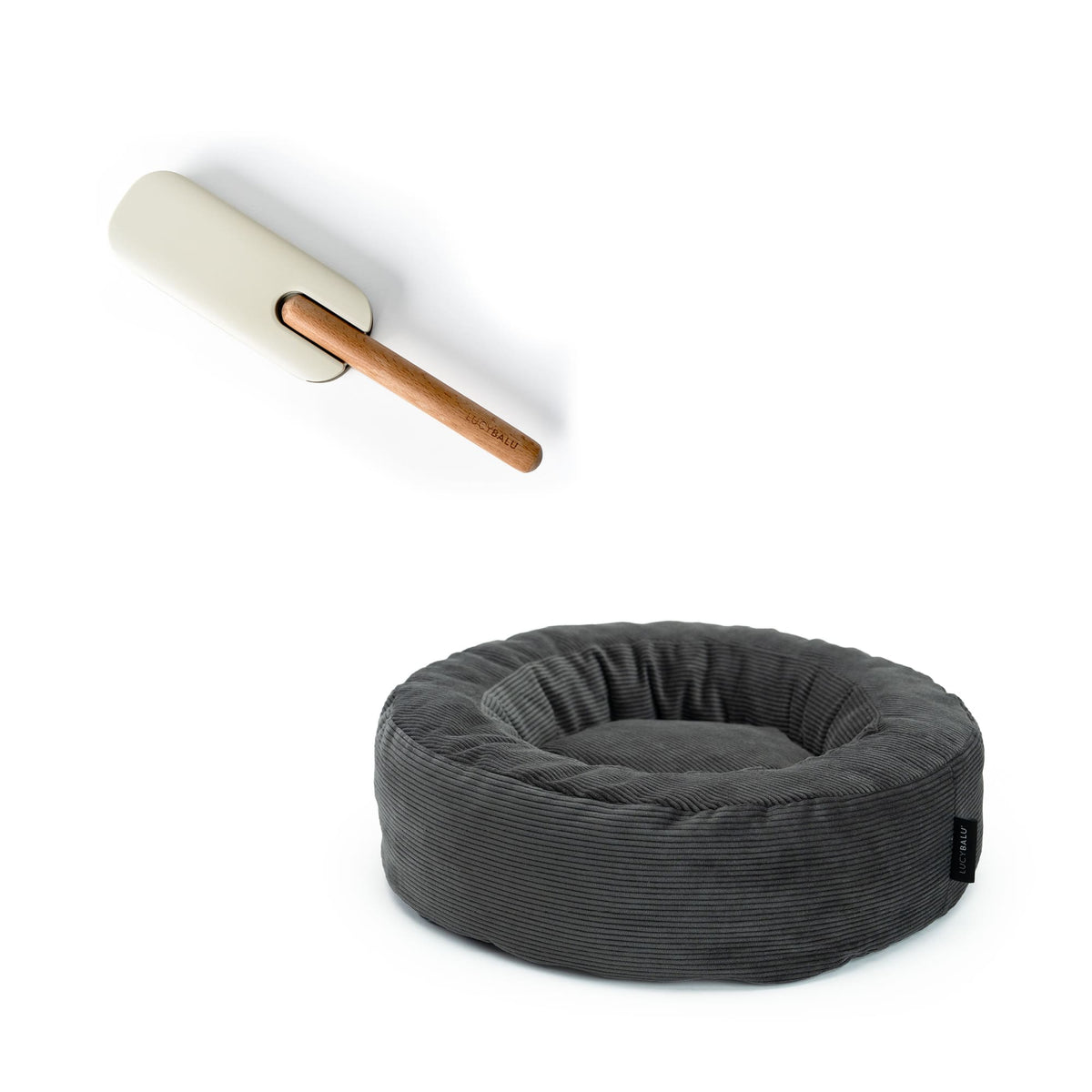 HAIRY Fusselbürste und rundes NEST Katzenbett in Anthrazit aus Cord