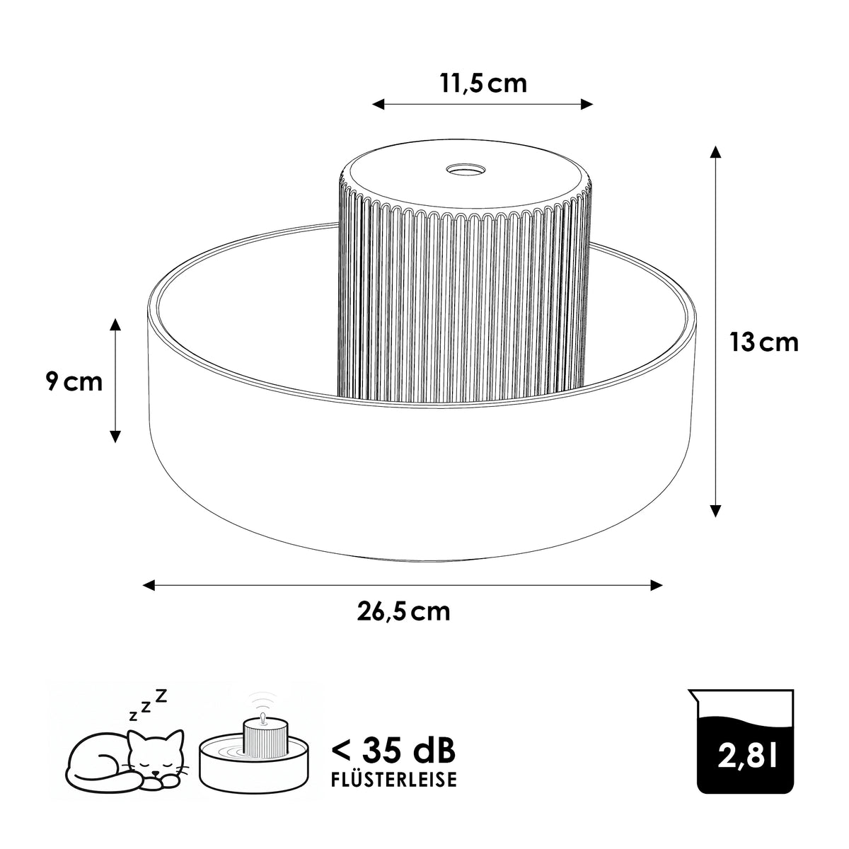 Dimensioni fontanella TREVI: diametro 26,5 cm, altezza 13 cm, capacità 2,8 litri, sotto i 35 dB