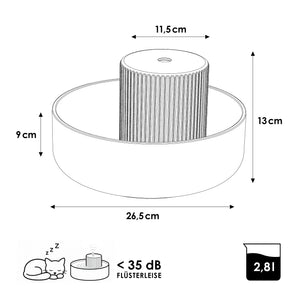 Dimensioni fontanella TREVI: diametro 26,5 cm, altezza 13 cm, capacità 2,8 litri, sotto i 35 dB