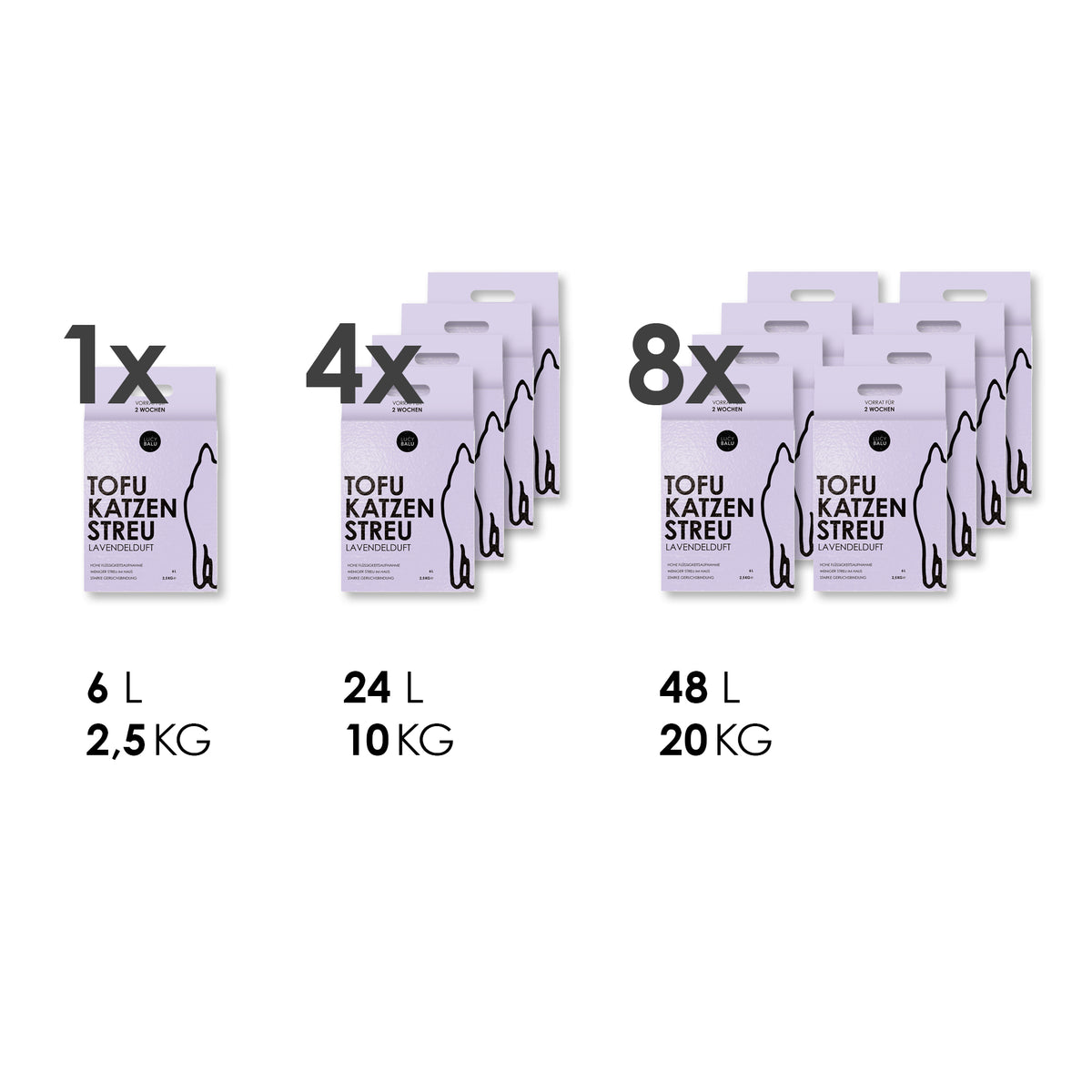 TOFU Katzenstreu Bestellgrößen: 1 Beutel (6 l), 4 Beutel (24 l), 8 Beutel (48 l)