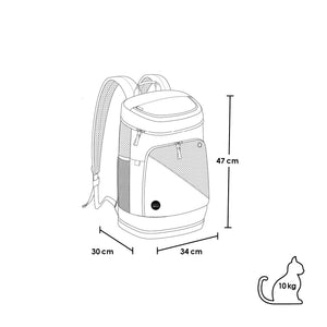 Dimensions du sac à dos pour chat HOP-ON : 47 x 30 x 34 cm, adapté aux chats jusqu'à 10 kg