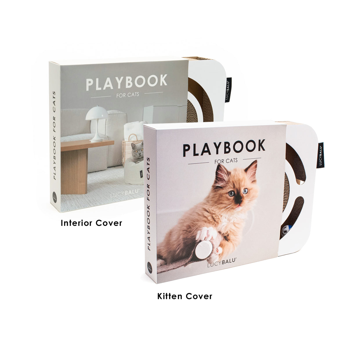 Zwei Varianten des LucyBalu PLAYBOOK für Katzen nebeneinander: Interior Cover und Kitten Cover im Vergleich