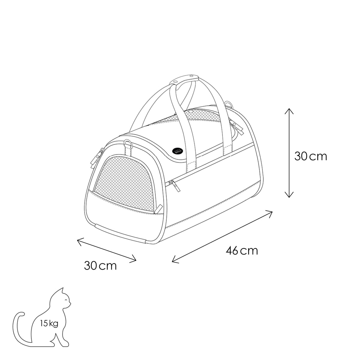 Dimensions du sac de transport CHECK-IN : 46 x 30 x 30 cm, adapté aux chats jusqu'à 15 kg