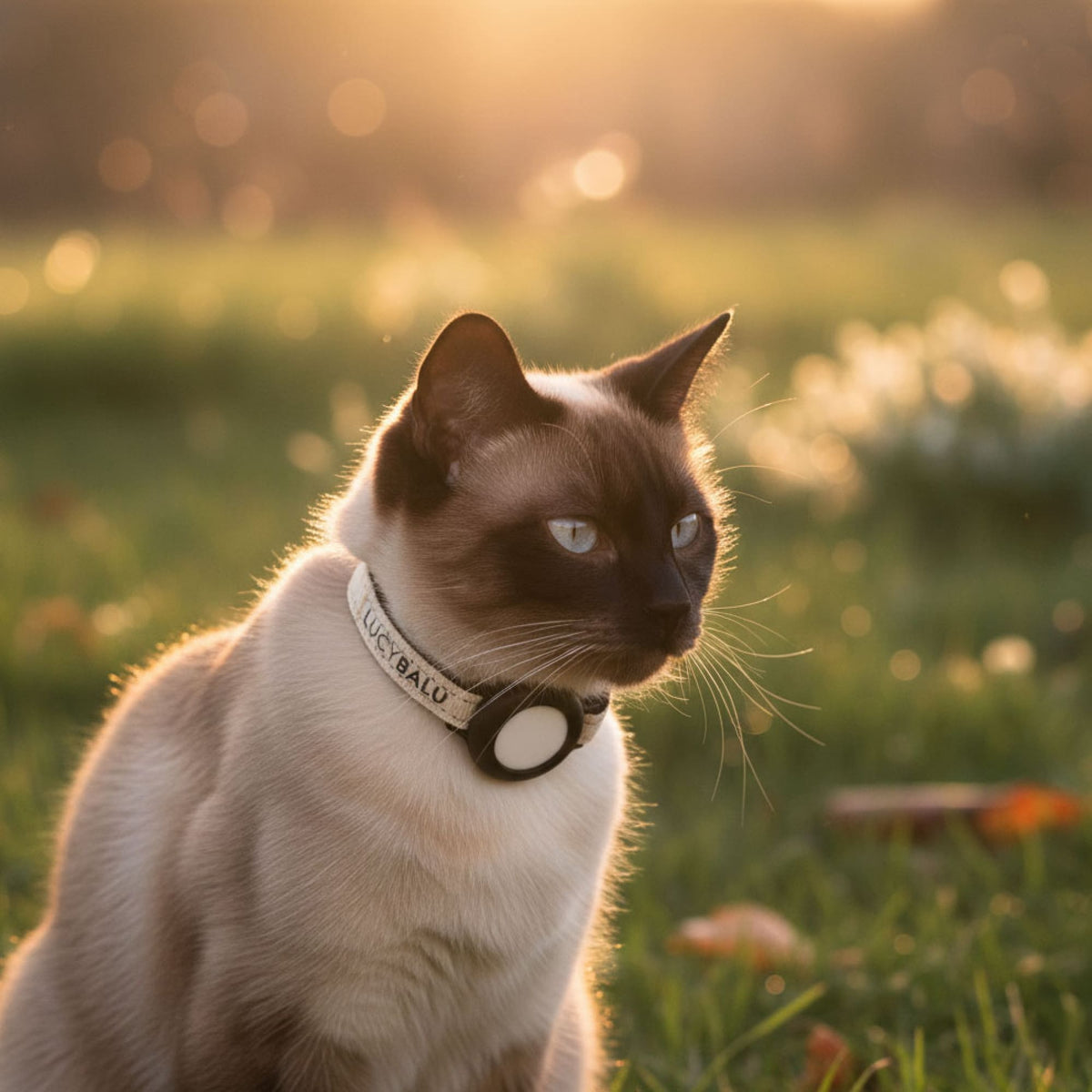 Gatto in un prato soleggiato con collare per gatti DORI color sabbia e AirTag