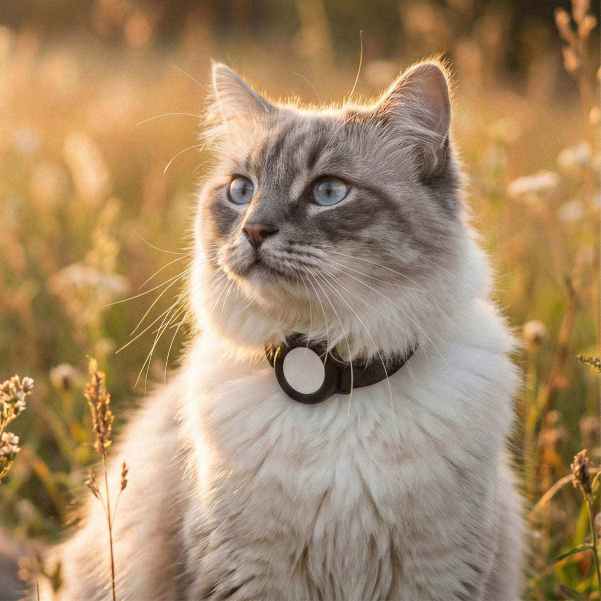 Graue Ragdoll Katze mit schwarzem NEMO AirTag Katzenhalsband aus Silikon auf Wiese im Abendlicht