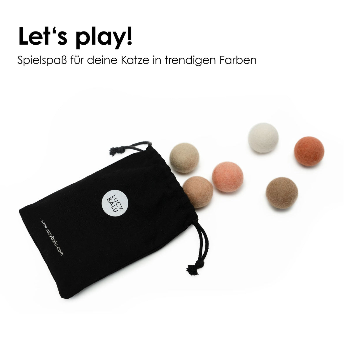 PEACH FUZZ Filzbälle neben LucyBalu Stoffbeutel – Let's play!