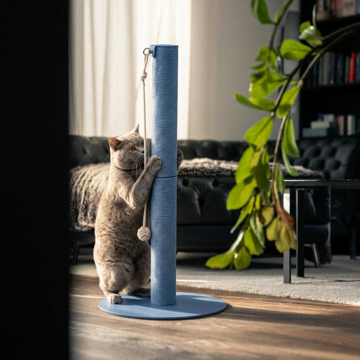Gatto che gratta la colonna tiragraffi PAPERPOLE in blu – salotto elegante con piante e divano scuro.