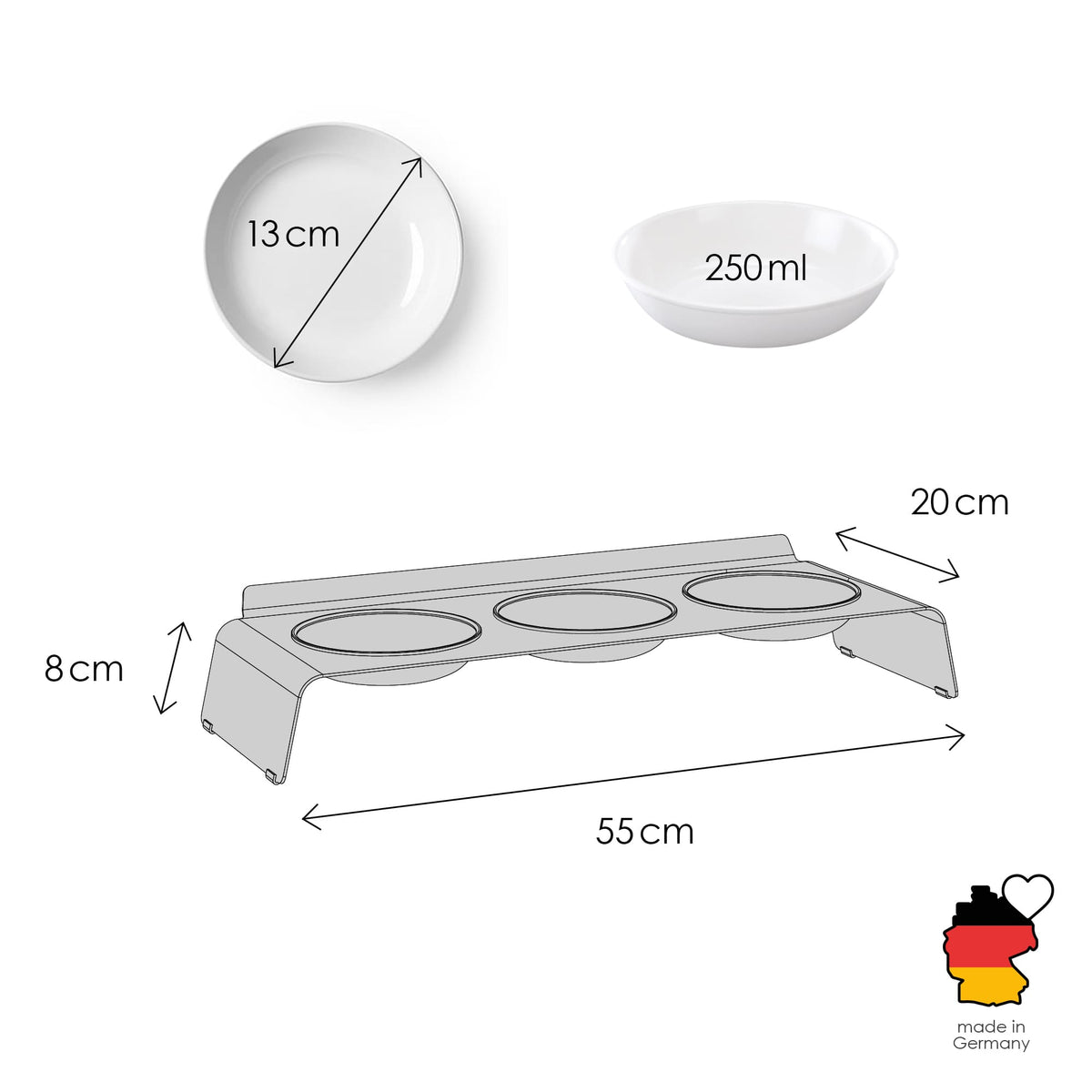 Dimensioni stazione pasti BUFFET: 55 x 20 x 8 cm, ciotole 13 cm / 250 ml, made in Germany.