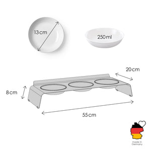 Dimensioni stazione pasti BUFFET: 55 x 20 x 8 cm, ciotole 13 cm / 250 ml, made in Germany.