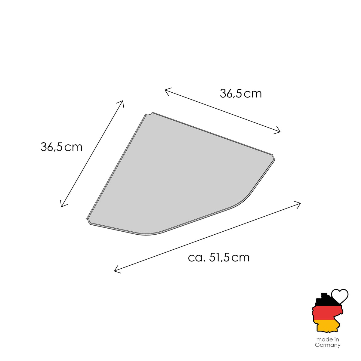 Schéma des dimensions de l'étagère murale CORNER : 36,5 x 36,5 cm, diagonale env. 51,5 cm, fabriqué en Allemagne