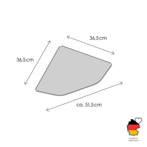 Schéma des dimensions de l'étagère murale CORNER : 36,5 x 36,5 cm, diagonale env. 51,5 cm, fabriqué en Allemagne