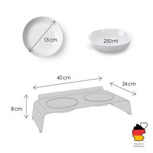 Dimensioni stazione pasti DINE: 40 x 24 x 8 cm, ciotole 13 cm / 250 ml, made in Germany