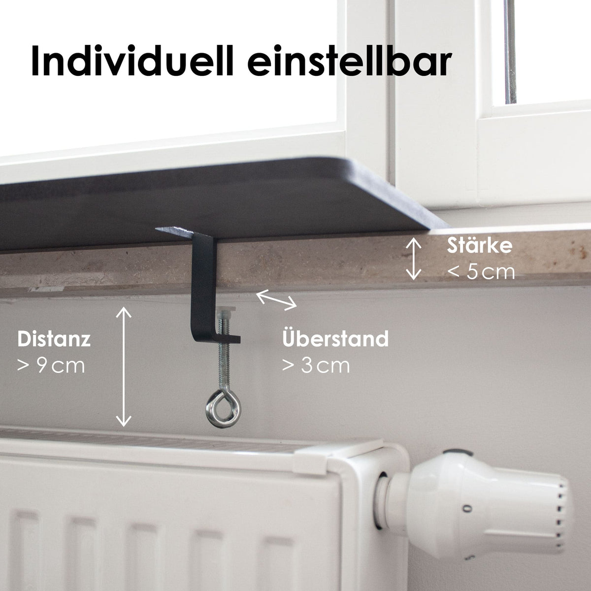 VIEW Fensterbankliege – individuell einstellbare Montage mit Schraubklemme, technische Maßangaben.