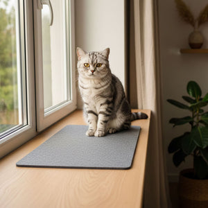 Katze sitzt auf grauer FELTY Filzauflage auf einer Fensterbank