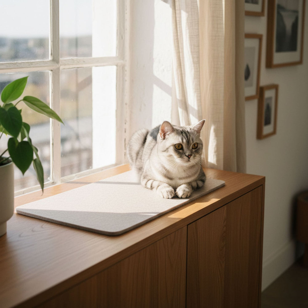Katze sitzt auf sandfarbener FELTY Filzauflage auf einem Sideboard am Fenster