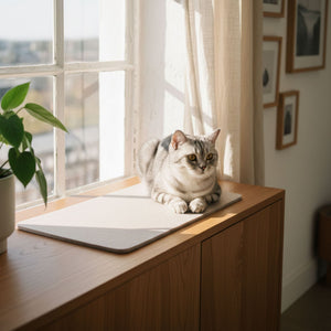 Katze sitzt auf sandfarbener FELTY Filzauflage auf einem Sideboard am Fenster
