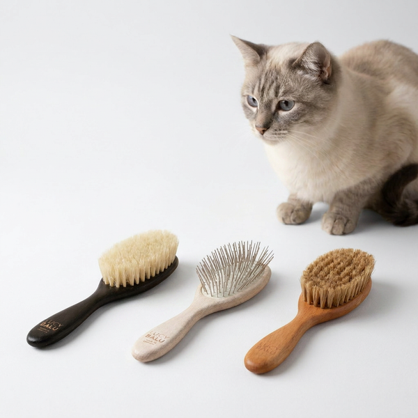 FIGARO Katzenbürsten Kollektion in Schwarz, Weiß und Natur neben einer Katze, Made in Germany