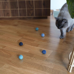 Gatto osserva le palline di feltro OCEAN VIBES su pavimento in legno