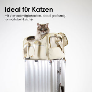Sac de transport CHECK-IN en sable sur une valise Rimowa, idéal pour les chats grâce aux cachettes