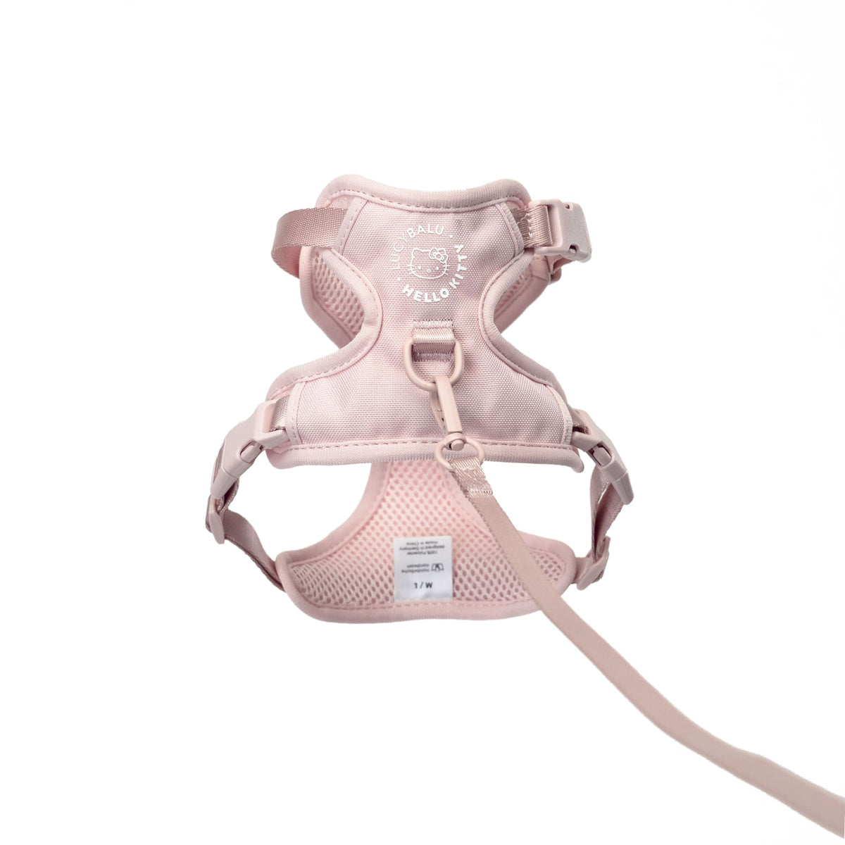 Rückansicht des rosa EXPLORER Katzengeschirrs Hello Kitty Edition mit Leine und LucyBalu X Hello Kitty Logo