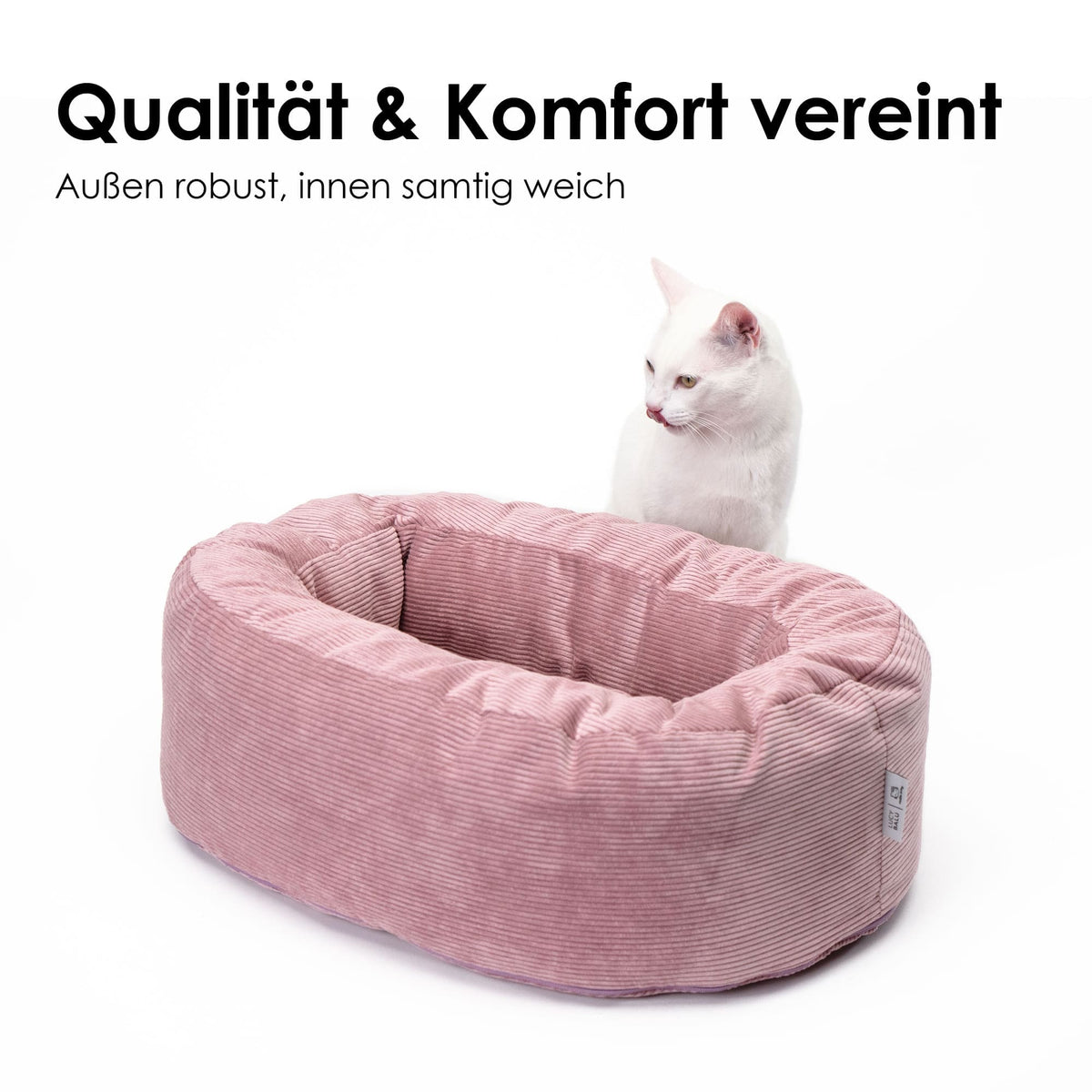 Weiße Katze sitzt neben rosa DINGHY Katzenbett Hello Kitty Edition aus samtigem Cord