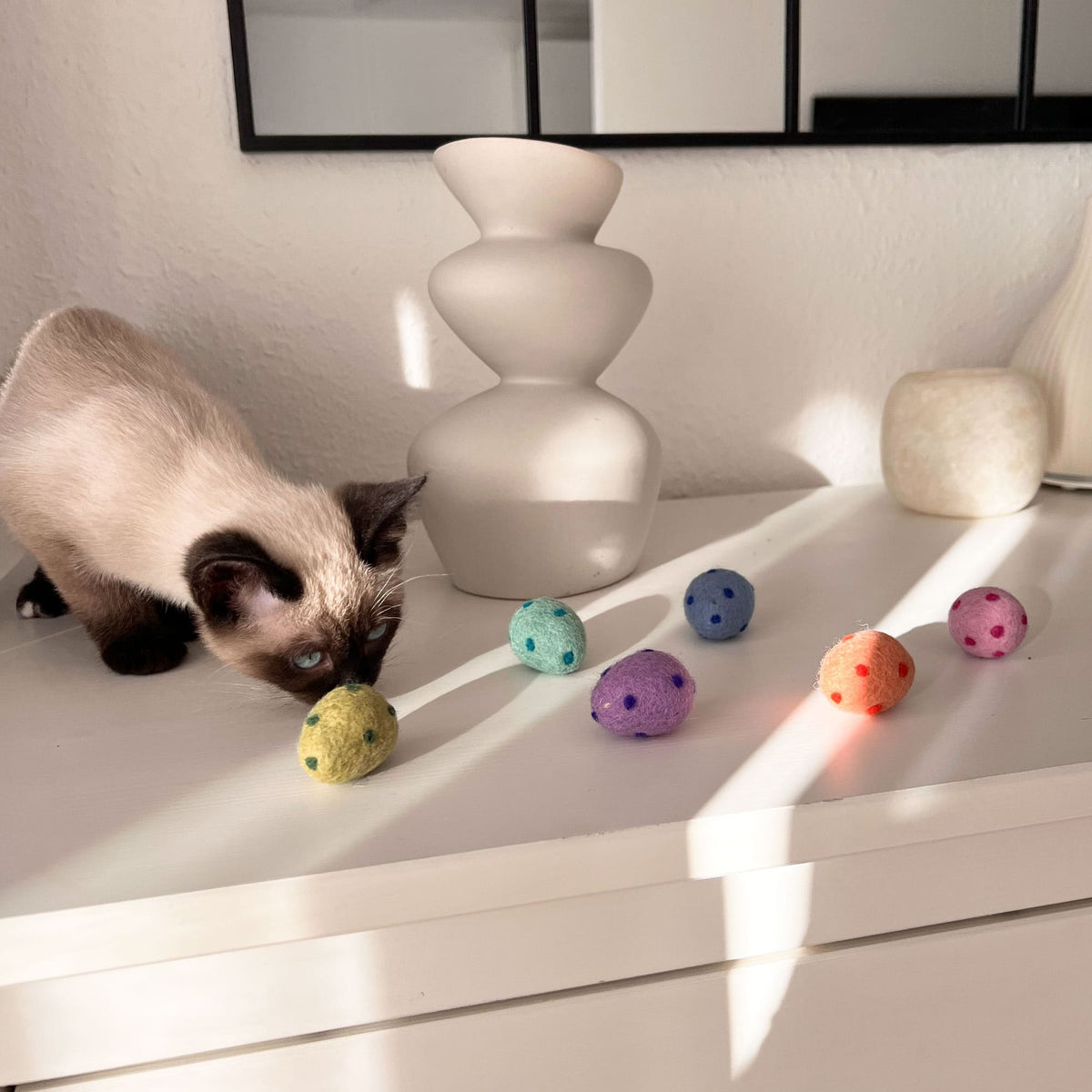 Katze schnuppert an RAINBOW EGGS Katzenbällen auf Kommode