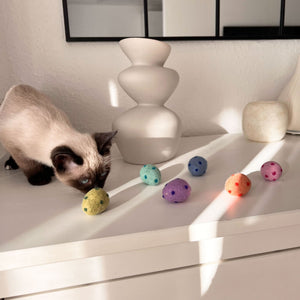 Katze schnuppert an RAINBOW EGGS Katzenbällen auf Kommode