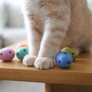 Katze steht neben RAINBOW EGGS Katzenbällen auf Holztisch