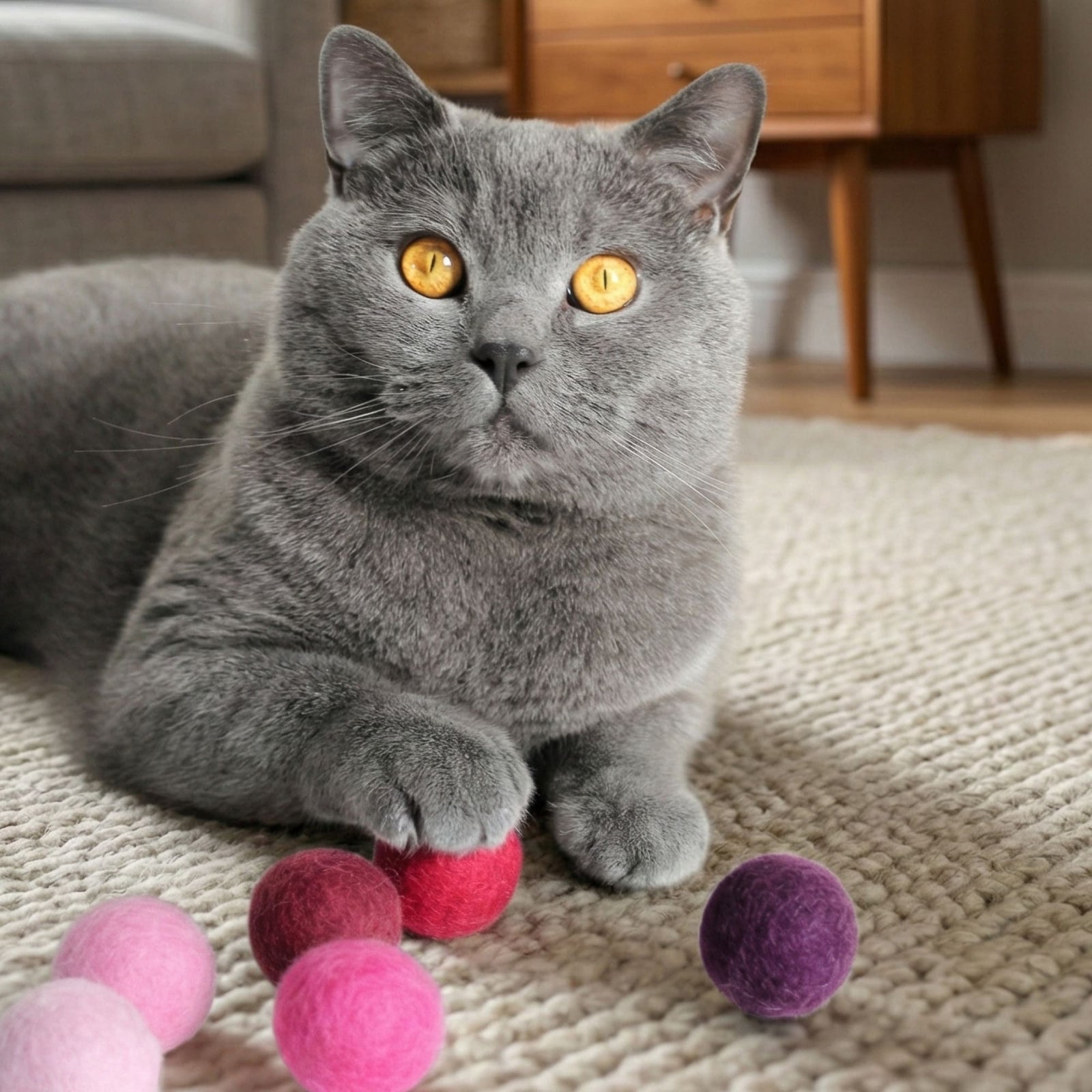 Katze mit MAGIC MAGENTA Filzbällen in Pink- und Lilatönen