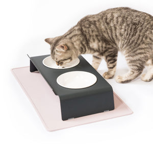 Getigerte Katze frisst aus DINE Napfständer Anthrazit auf SQUARE Napfunterlage Rosa
