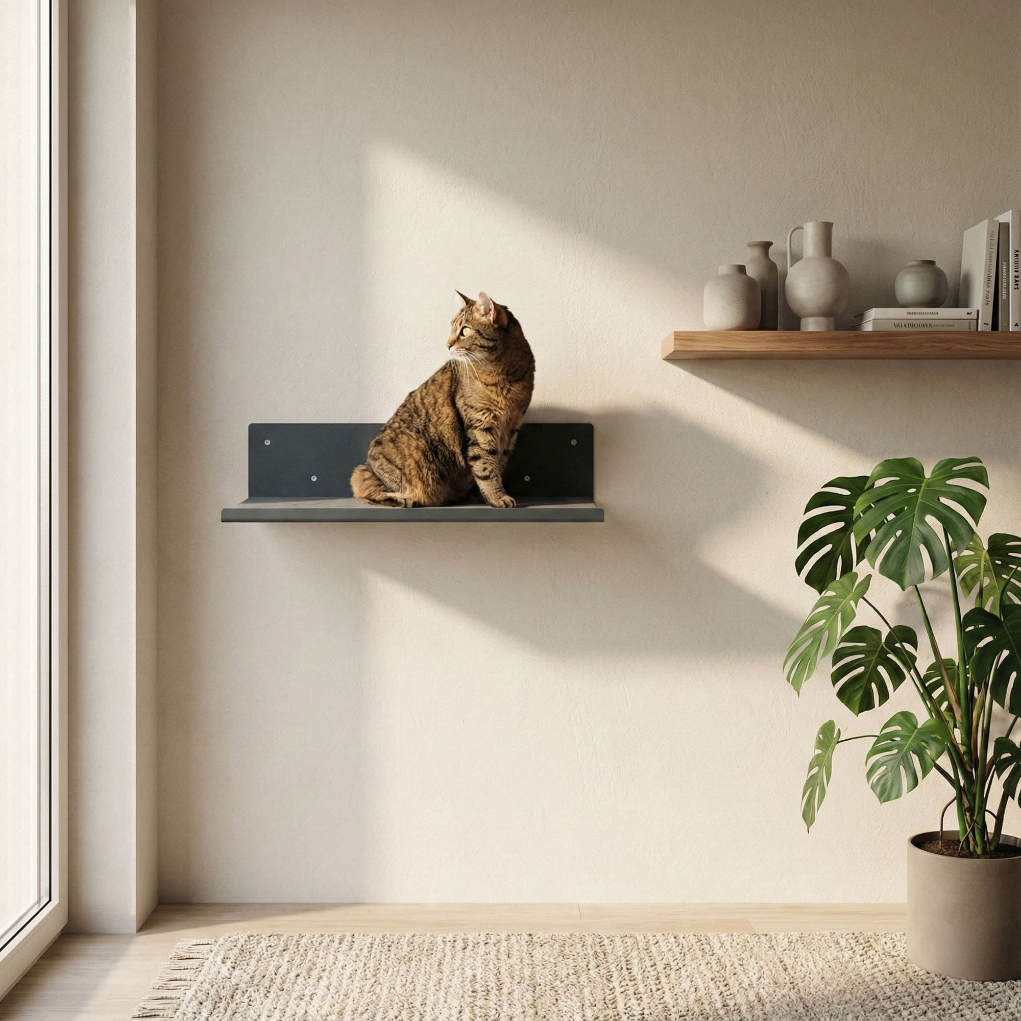 Katze sitzt auf der STRAIGHT Wandliege in Anthrazit – modernes Wohnzimmer mit Regal und Pflanze.