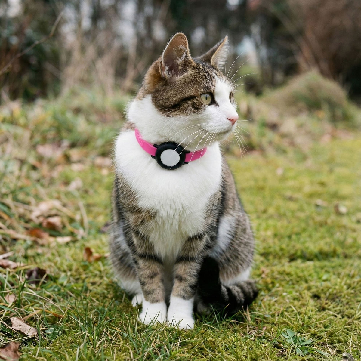 Getigerte Katze mit pinkem NEMO Halsband und Sicherheitsverschluss im Gras