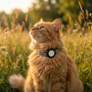 Gatto rosso a pelo lungo in un prato nella luce serale con collare per gatti DORI riflettente e AirTag