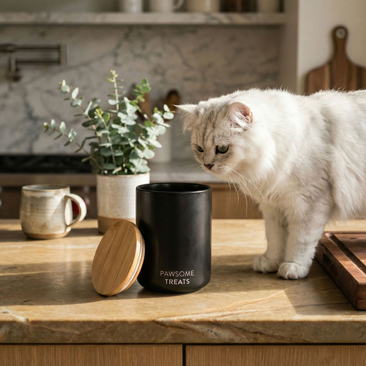 Gatto guarda dentro il barattolo per snack SNACK BAR color antracite aperto in cucina