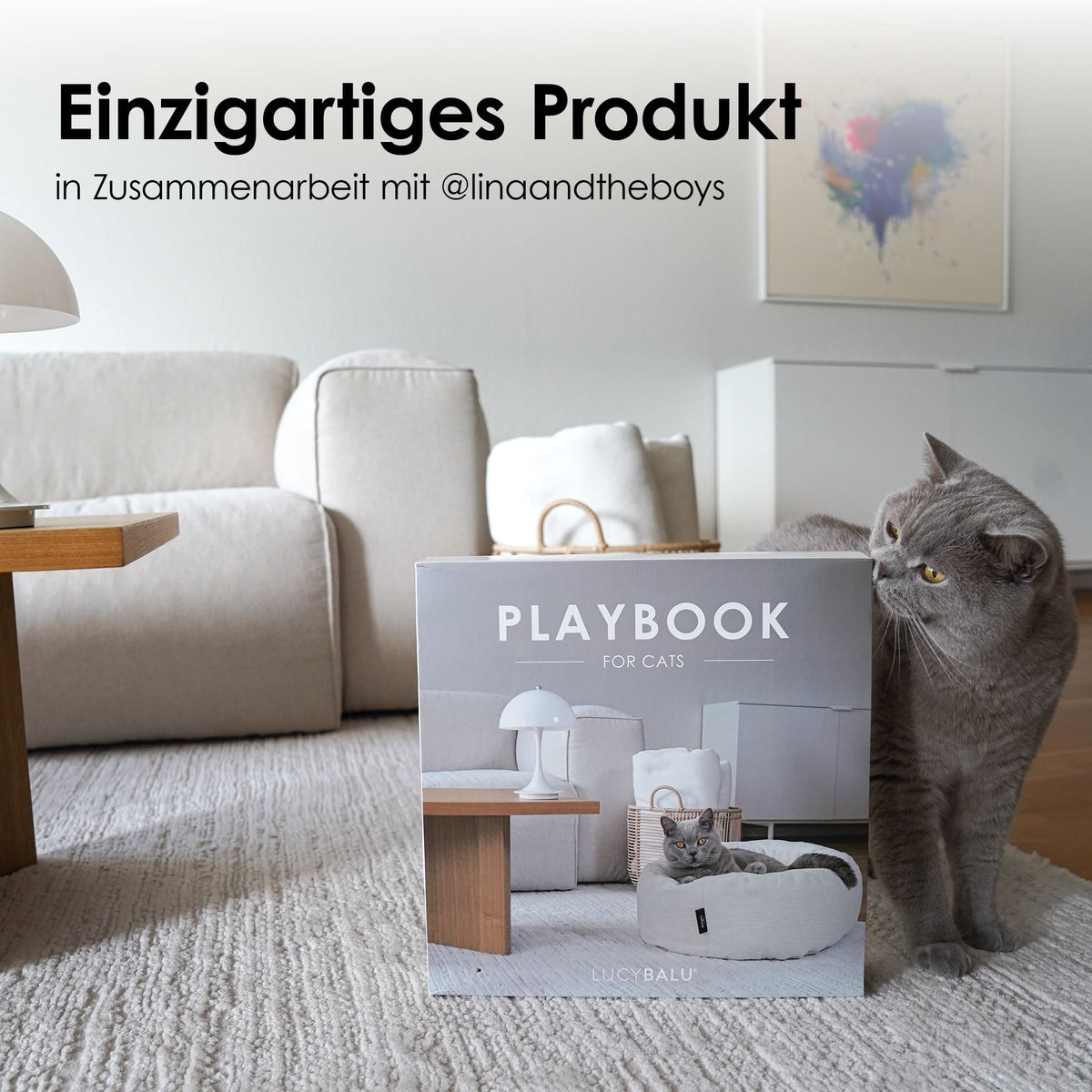 Graue Katze sitzt neben dem LucyBalu PLAYBOOK im Wohnzimmer und riecht an der Verpackung im Table Book Stil