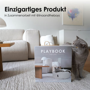 Graue Katze sitzt neben dem LucyBalu PLAYBOOK im Wohnzimmer und riecht an der Verpackung im Table Book Stil