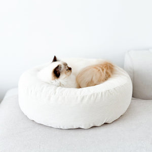 NEST Katzenbett in Weiß, Ragdoll-Katze liegt zusammengerollt im runden Cordbett