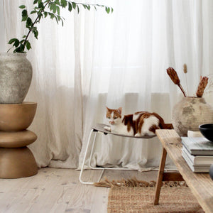 Katze liegt auf der FLOAT Hängematte vor einem hellen Vorhang im Wohnzimmer