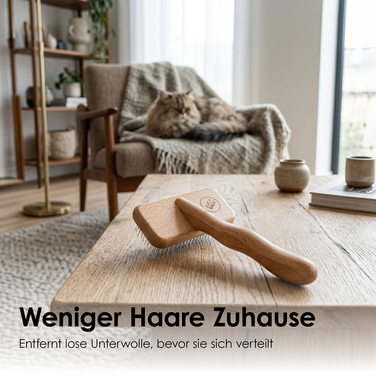 FURRY Slickerbürste aus Holz auf einem Couchtisch, im Hintergrund eine ruhende Katze im Sessel