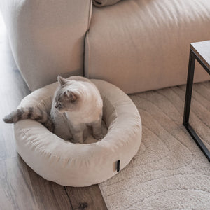 NEST Katzenbett in Sand, Katze sitzt darin auf flauschigem Teppich im Wohnzimmer