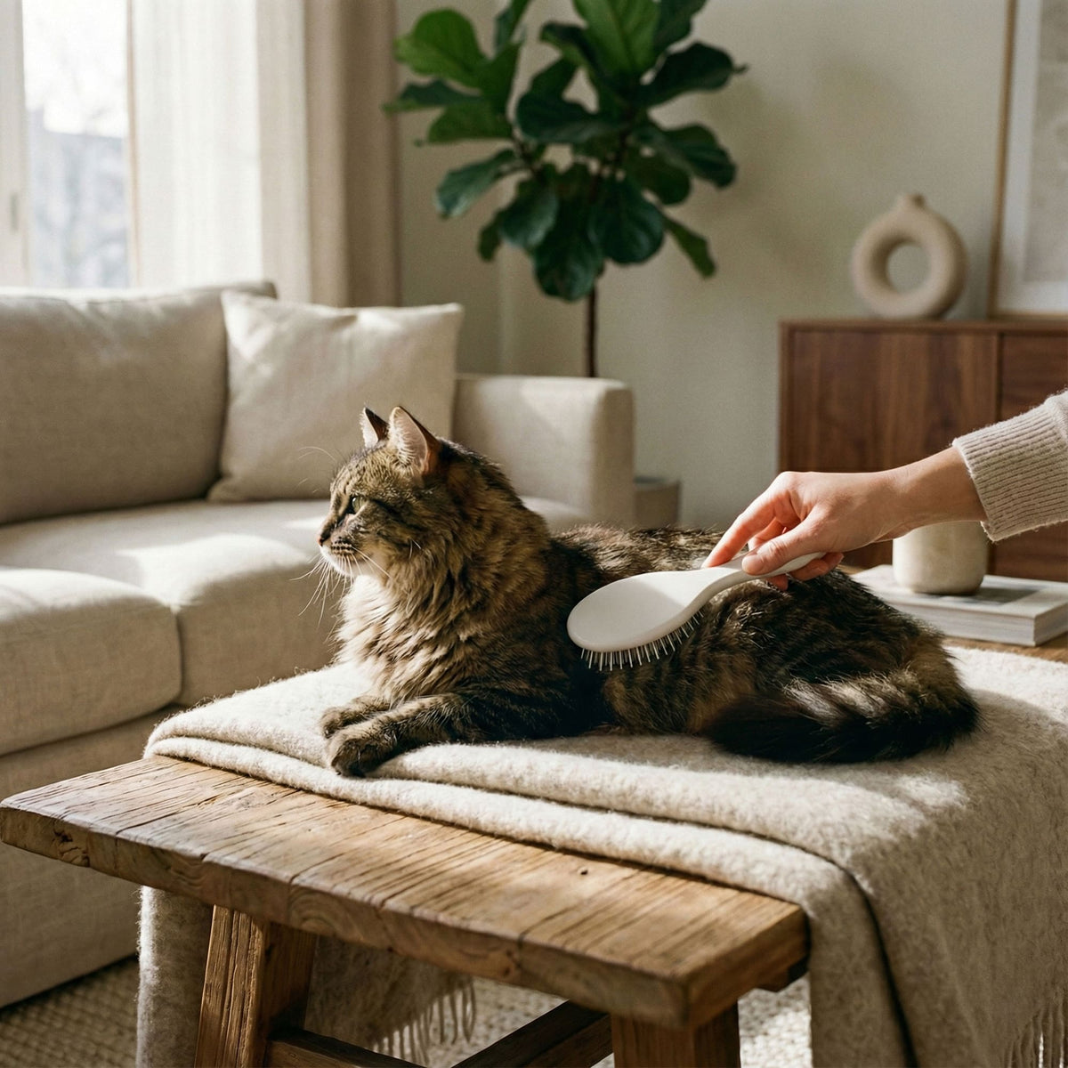 Un chat tigré à poil long toiletté avec la brosse FIGARO blanche sur un tabouret