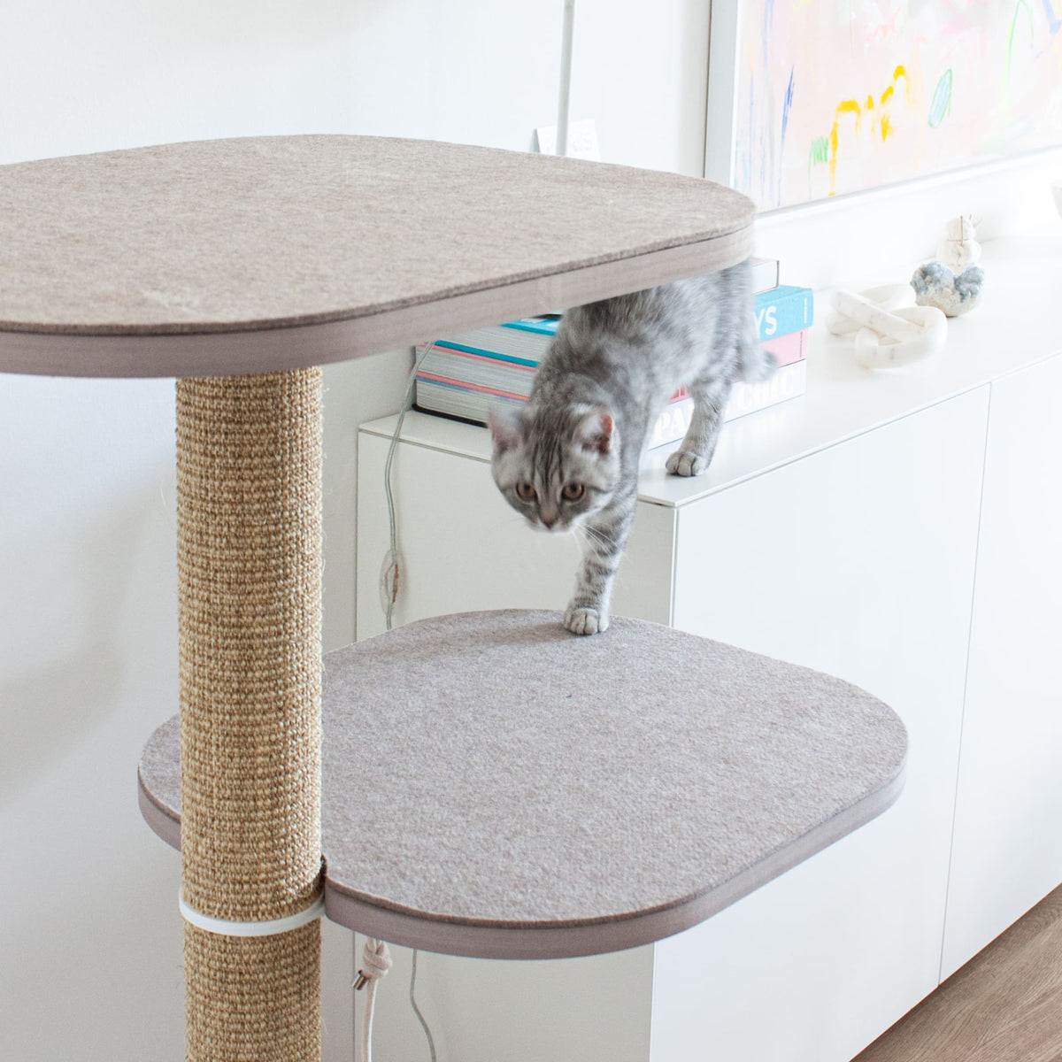 Katze springt vom PEAK Kratzbaum in Weiß mit Filzplattform und Sisalstamm – stylische Kratzmöglichkeit.